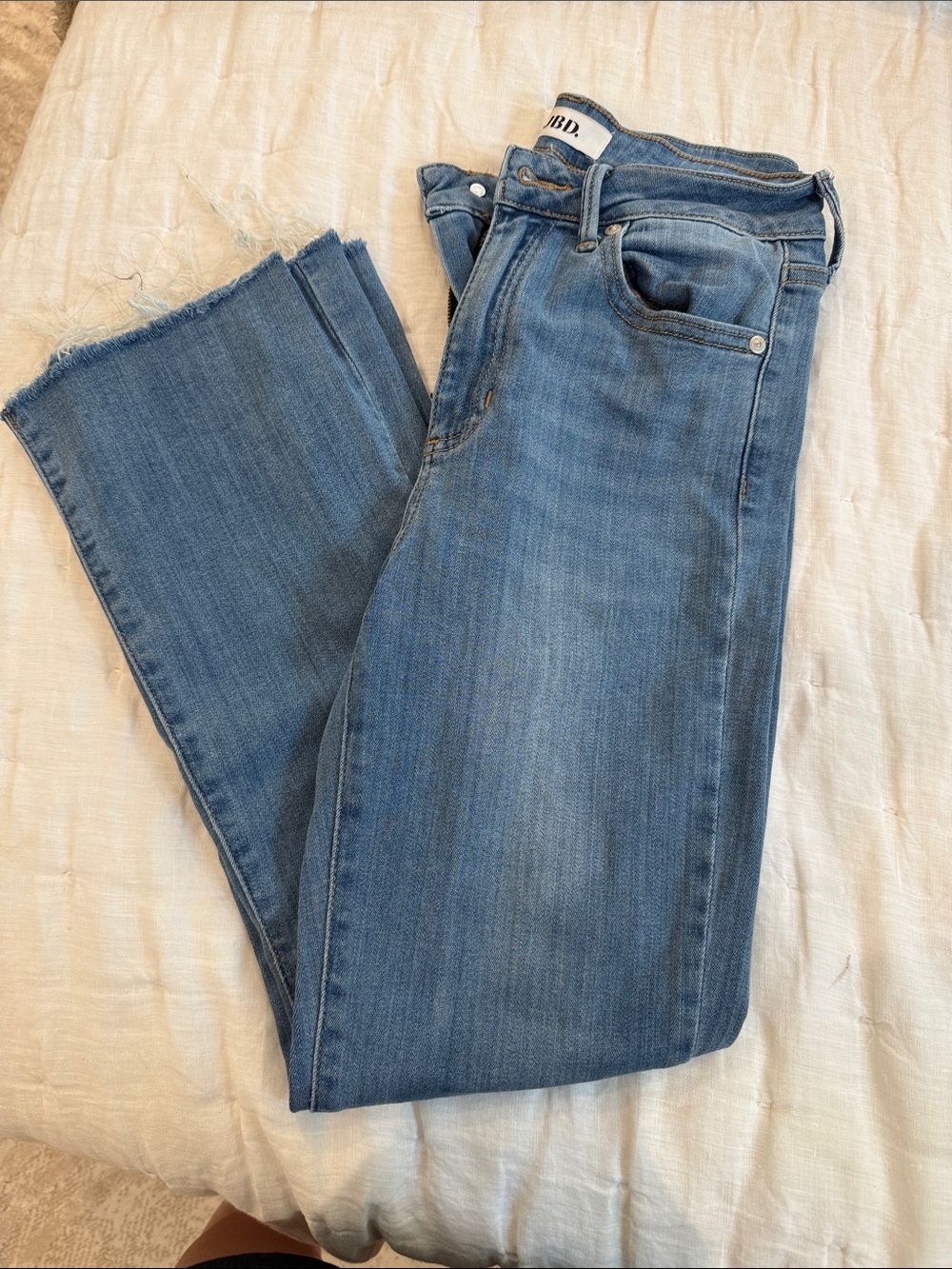 High-Rise Straight Leg Jeans in Light Blue with Raw Hem